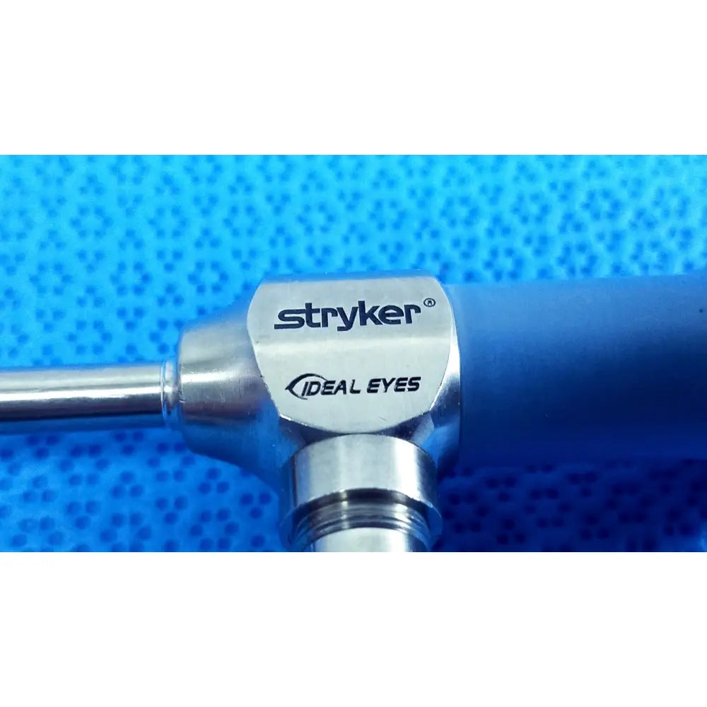 Stryker ideal eyes 5mm 30° autoclavable endoscope with metallic silver body and blue grip for surgical use