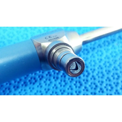 Silver surgical instrument with blue handle and engraved certification marks for stryker ideal eyes 5mm endoscope