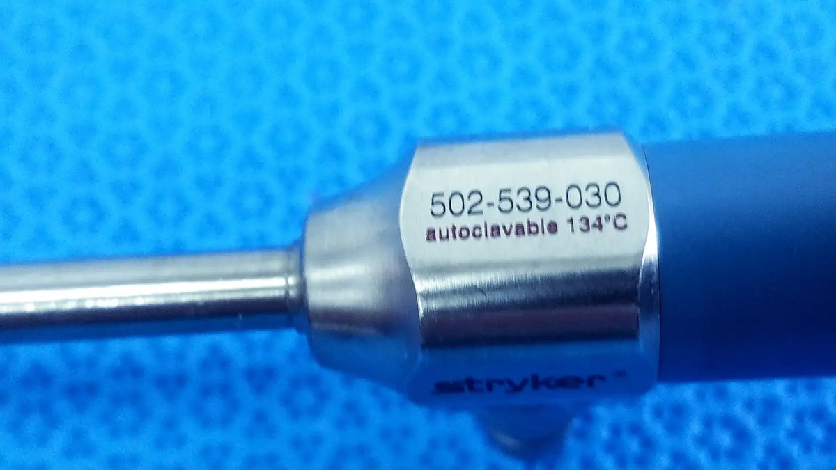 Silver and blue autoclavable stainless steel stryker ideal eyes 5mm endoscope model 502-539-030 labeled 134°c