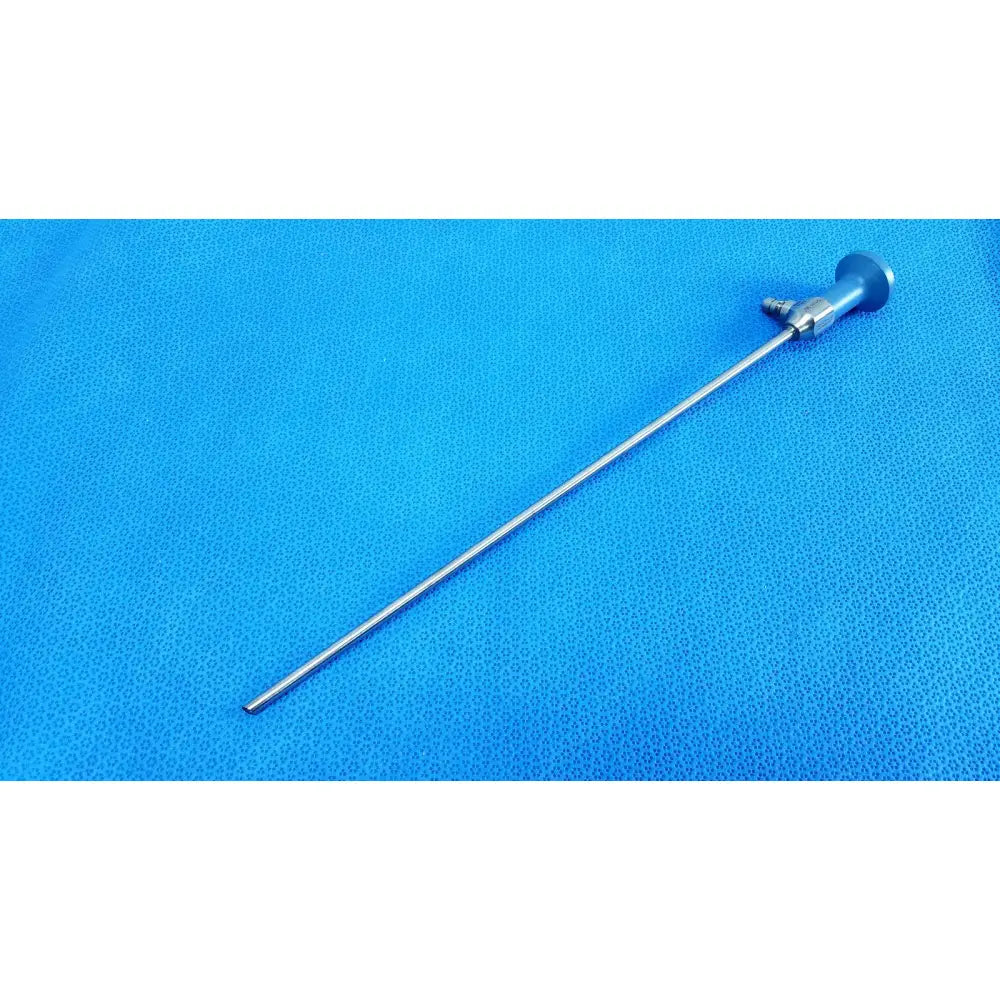 Silver surgical ideal eyes 5mm endoscope with blue ergonomic handle and metallic shaft for medical procedures