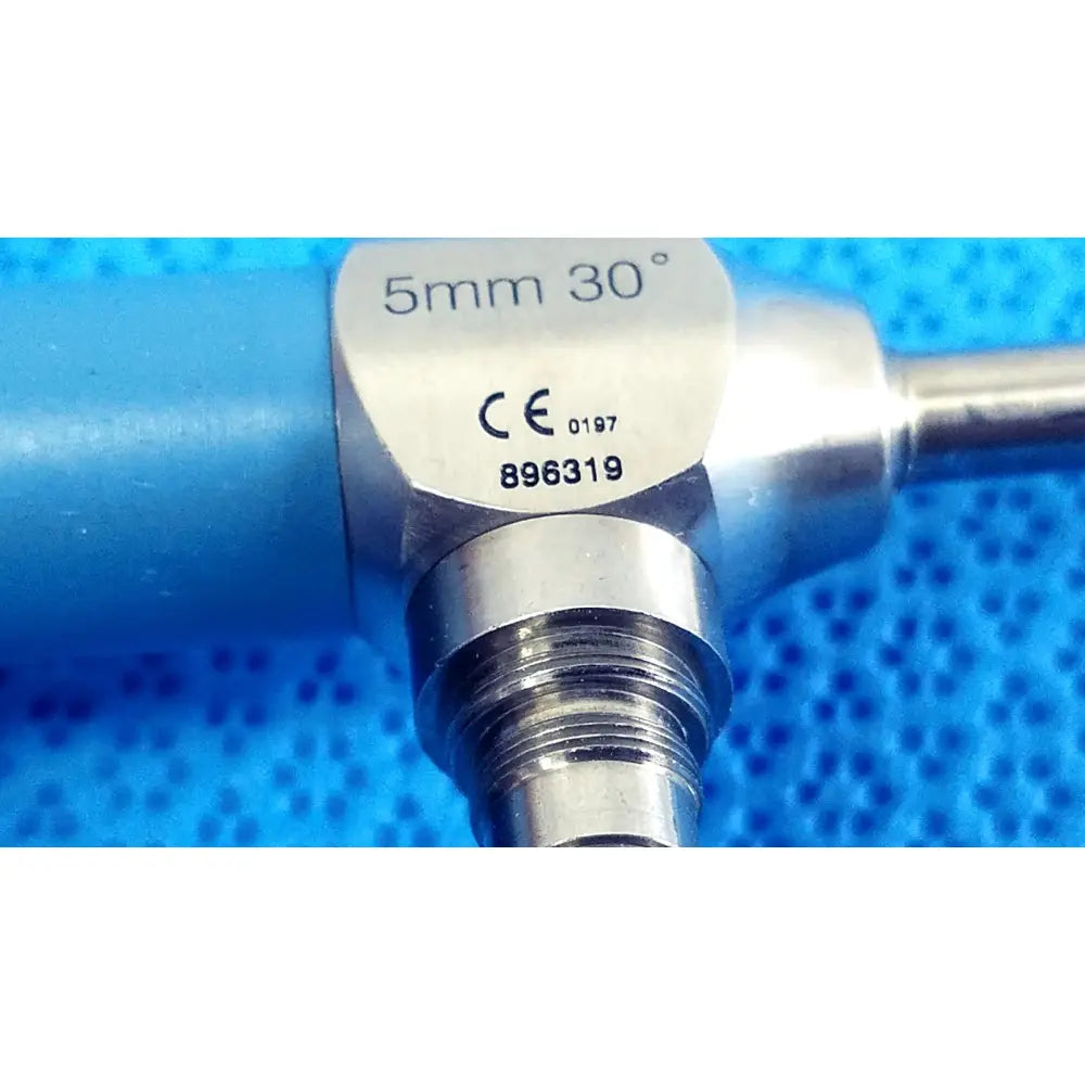Silver metallic Stryker ideal eyes 5mm autoclavable endoscope with blue handle and engraved specifications visible
