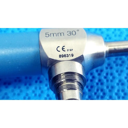 Silver metallic Stryker ideal eyes 5mm autoclavable endoscope with blue handle and engraved specifications visible