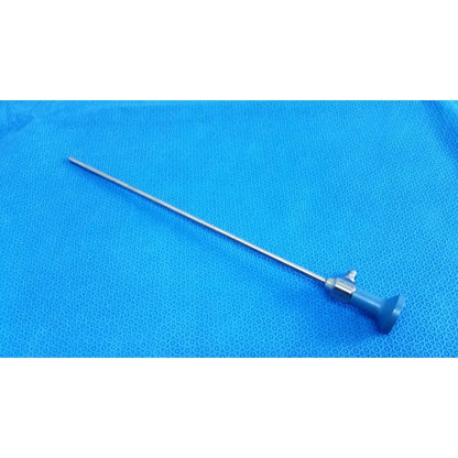 Silver surgical ideal eyes 5mm endoscope with blue ergonomic handle and metallic joints for precise medical use