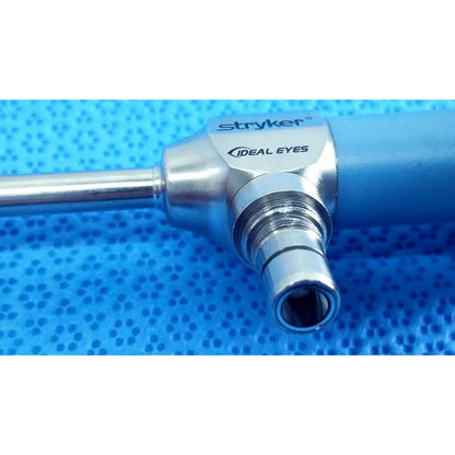 Stryker 502-539-030 ideal eyes 5mm autoclavable endoscope with metallic silver body and blue ergonomic handle