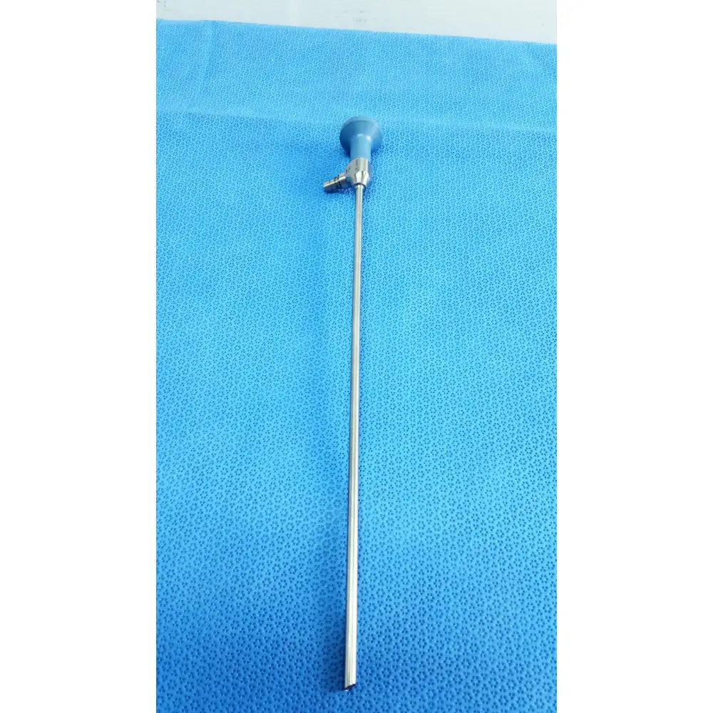 Silver stryker ideal eyes 5mm surgical endoscope with blue-handled tip and metallic autoclavable shaft