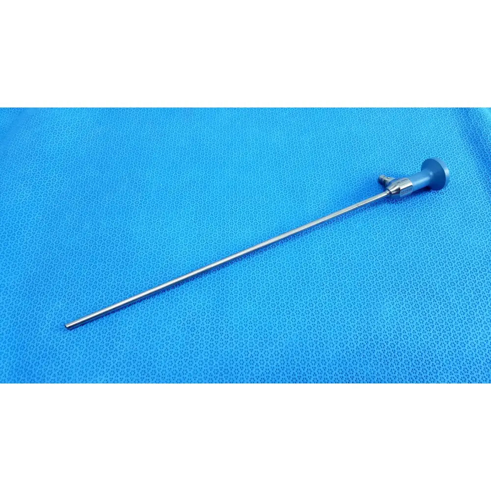 Silver Stryker ideal eyes 5mm surgical endoscope with blue ergonomic handle and metallic joints autoclavable design