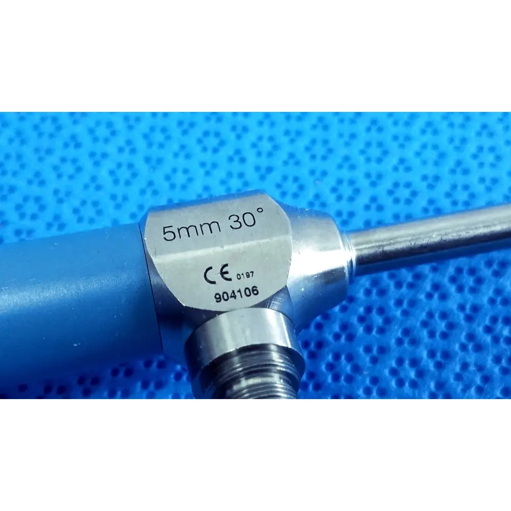 Silver metallic ideal eyes 5mm autoclavable endoscope with blue handle and engraved specifications by stryker