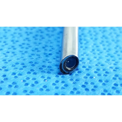 A sleek metallic cylindrical ideal eyes 5mm autoclave endoscope lens with a black circular aperture