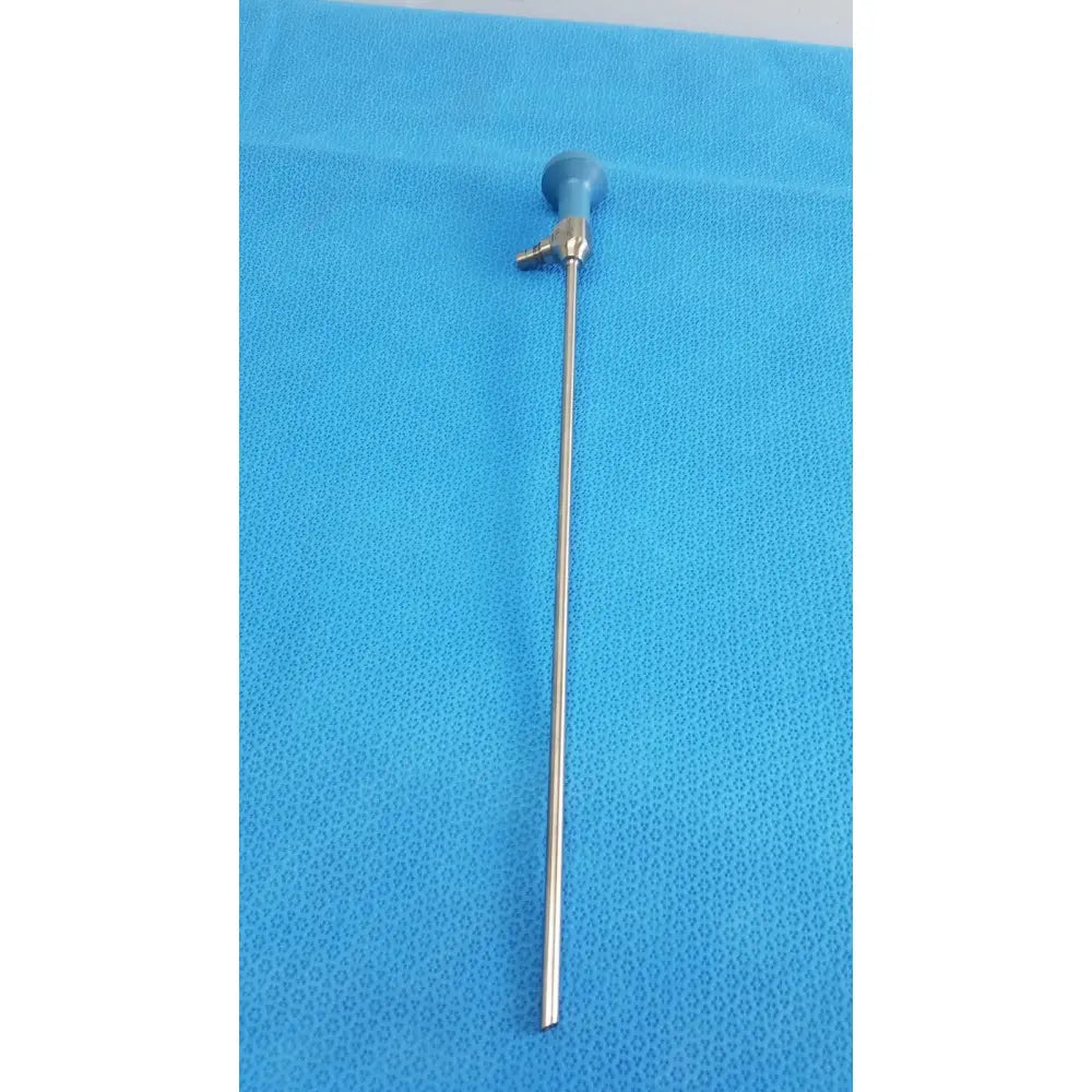 Blue-handled Stryker ideal eyes 5mm autoclavable endoscope with long slender metallic shaft and 30 degree angle