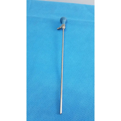 Blue-handled Stryker ideal eyes 5mm autoclavable endoscope with long slender metallic shaft and 30 degree angle