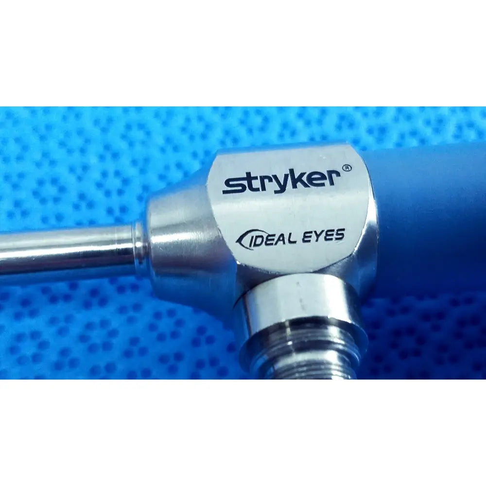Stryker ideal eyes 5mm surgical endoscope with metallic silver body and blue ergonomic handle autoclavable for medical use