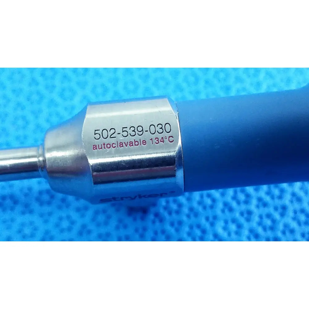 Silver metallic surgical instrument handle with blue grip showing engraved model number and autoclave specs for ideal eyes 5mm endoscope