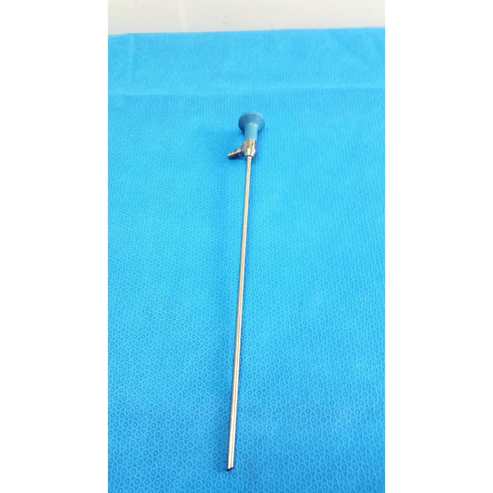 Blue-handled ideal eyes 5mm autoclavable endoscope with long slender metallic shaft for surgical use by Stryker
