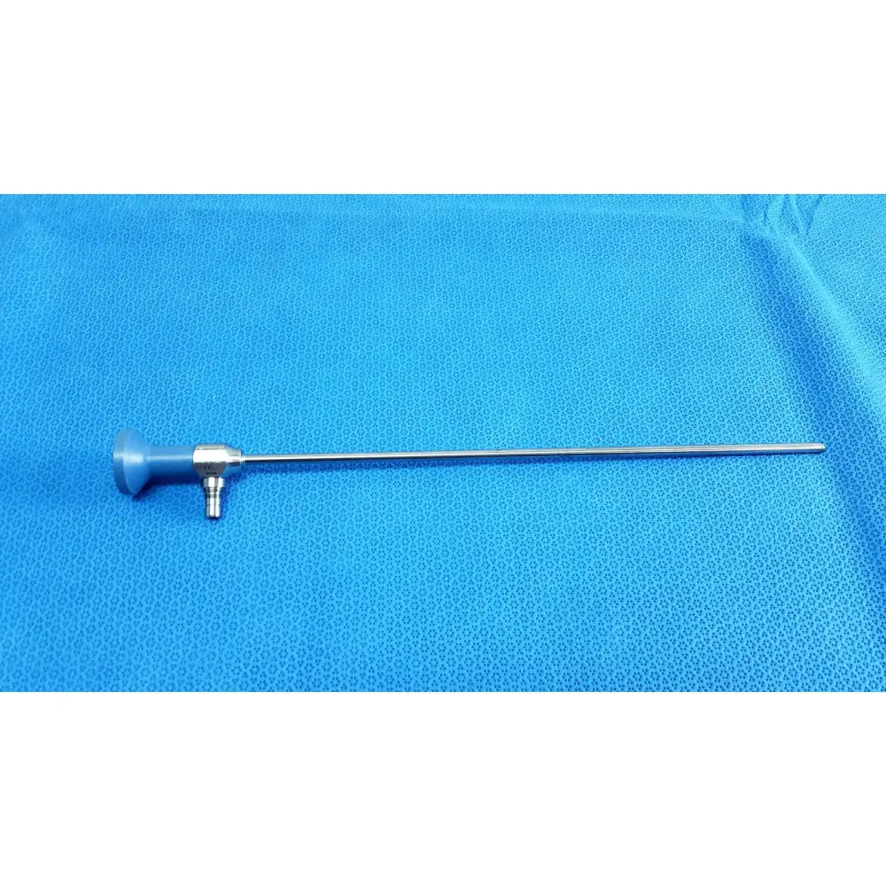 Silver surgical endoscope with blue ergonomic handle and metallic shaft ideal eyes 5mm autoclavable by stryker