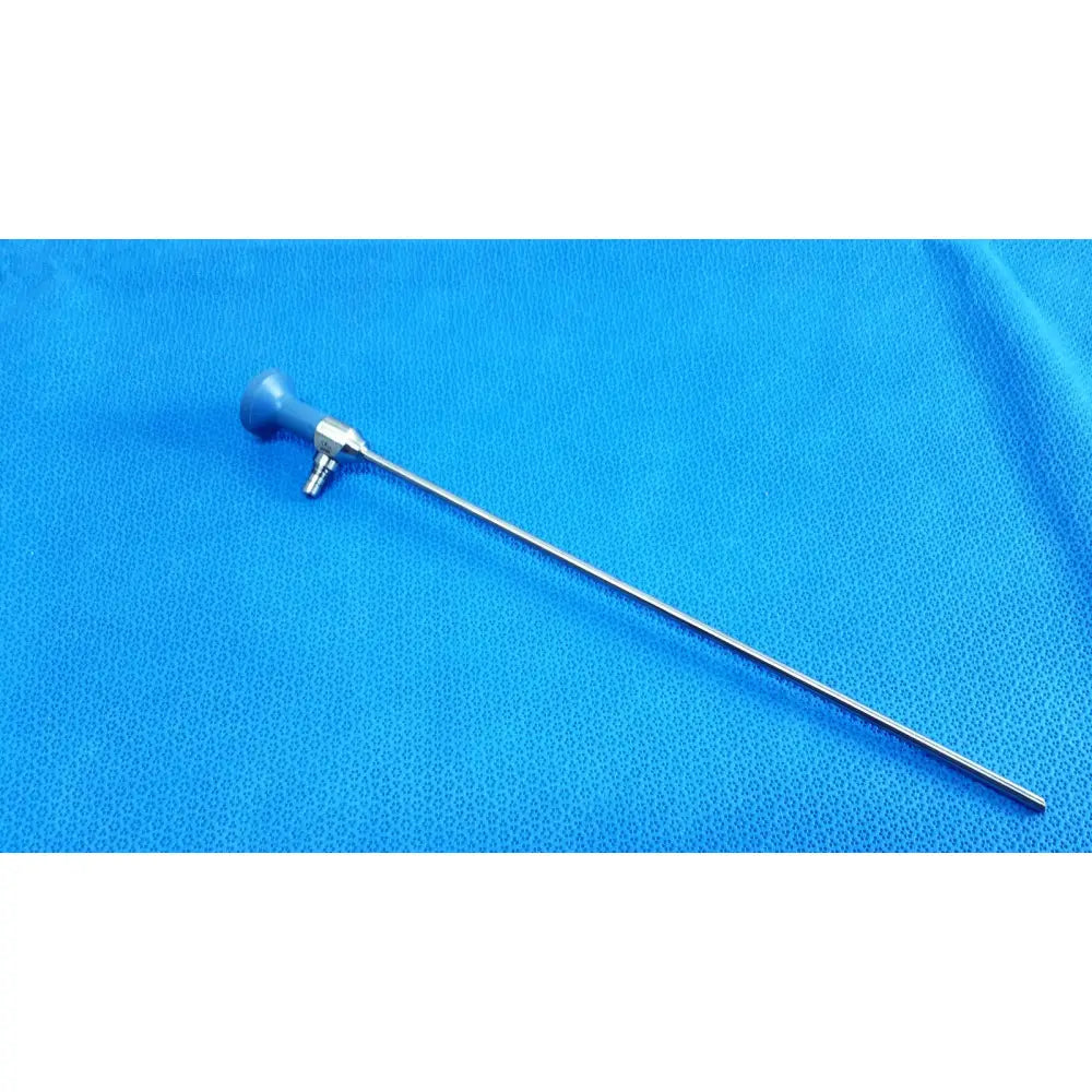 Blue-handled Stryker ideal eyes 5mm 30° autoclavable endoscope with a long slender metallic shaft for surgical use