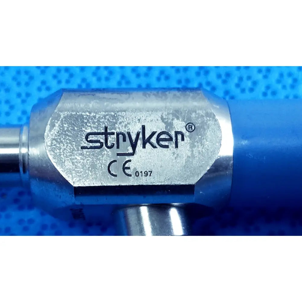 Stryker 502-557-010 10mm 0° autoclavable laparoscope with metallic silver body and blue handle for reuse medical use