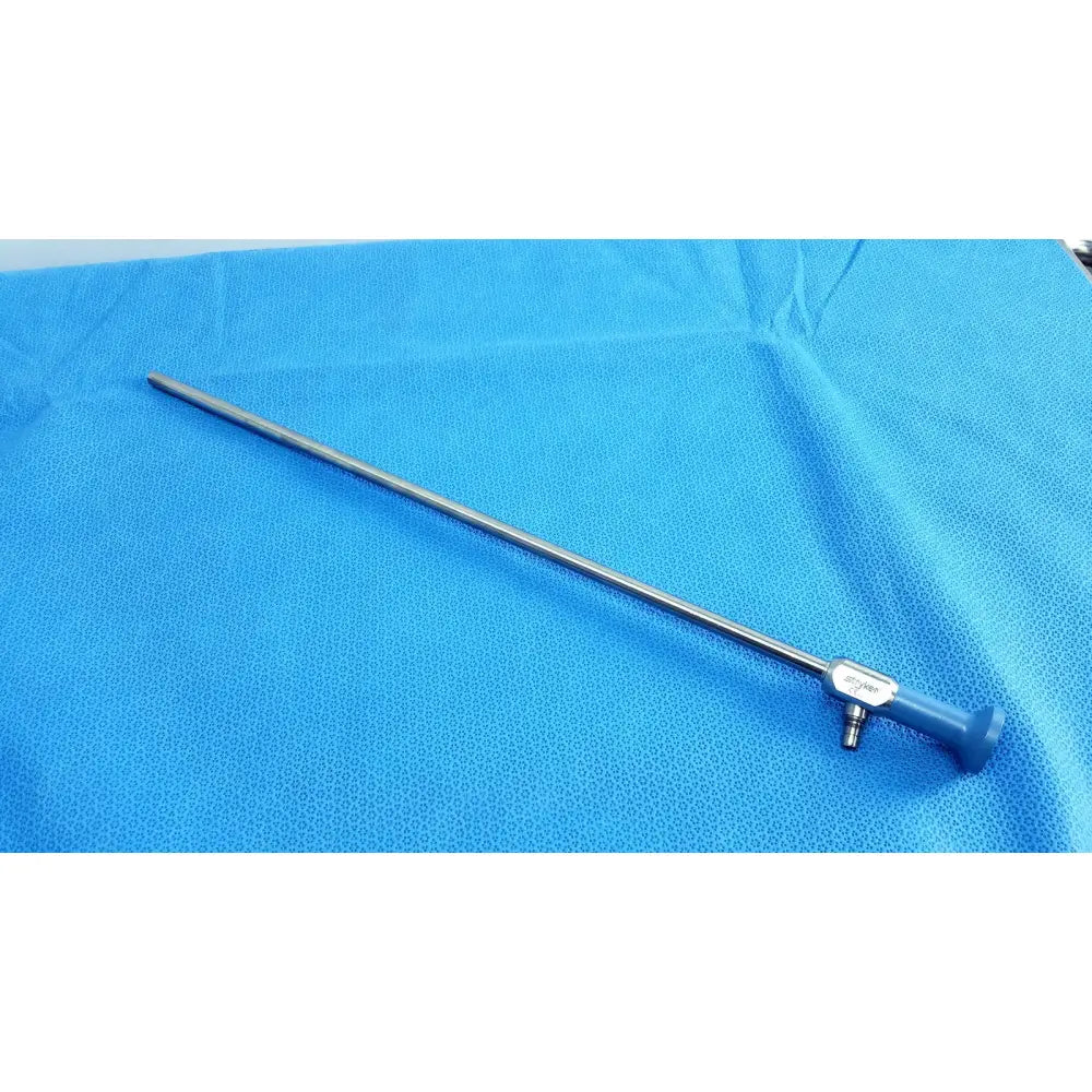 Silver stryker 502-557-010 10mm 0° autoclavable laparoscope with blue ergonomic handle and metallic joints for reuse medical use
