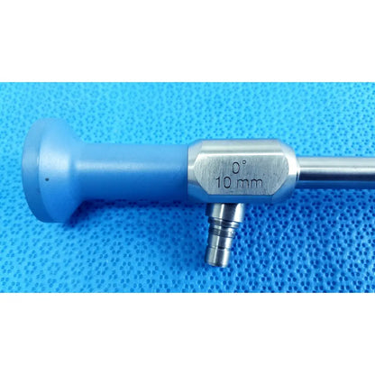 Blue and silver stryker 502-557-010 10mm 0° autoclavable laparoscope endoscope with metallic shaft and blue handle