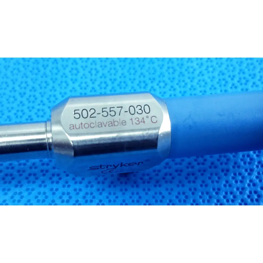Stryker 502-557-030 silver metallic 10mm 30° autoclavable endoscope with blue grip and engraved reuse medical details