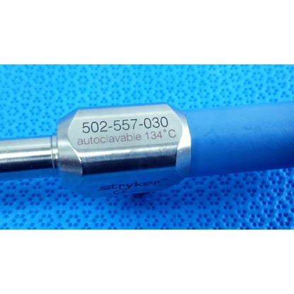 Stryker 502-557-030 silver metallic 10mm 30° autoclavable endoscope with blue grip and engraved reuse medical details