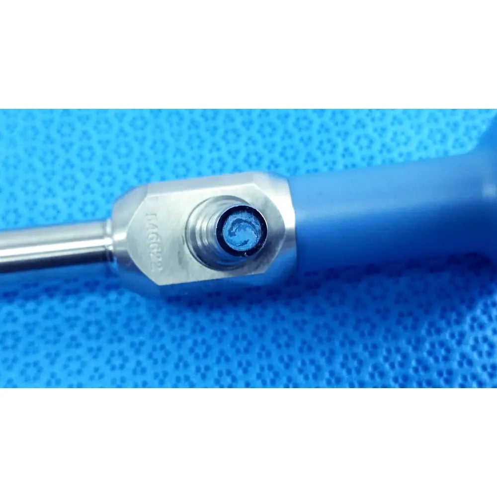 Blue-handled stryker 502-557-030 10mm 30° autoclavable endoscope with metallic hexagonal joint and blue-tinted circular opening