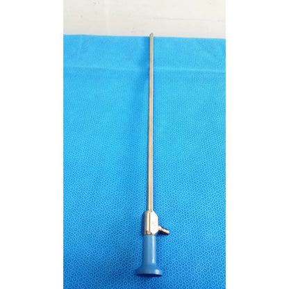 Silver stryker 502-557-030 10mm 30° autoclavable endoscope with blue handle and metallic joints for surgical use