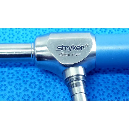 Stryker ideal eyes 10mm endoscope with metallic silver body and blue handle for surgical use, autoclavable design