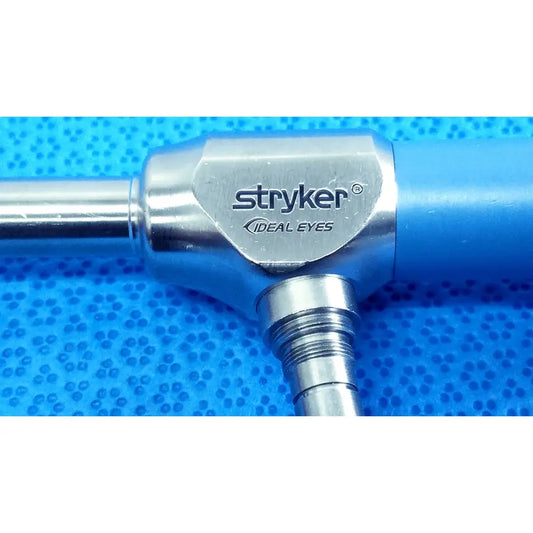 Stryker ideal eyes 10mm endoscope with metallic silver body and blue handle for surgical use, autoclavable design