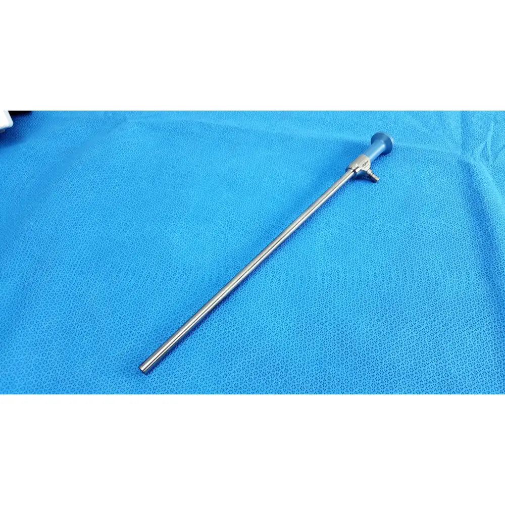 Silver surgical ideal eyes 10mm endoscope with blue-tipped handle and metallic joints autoclavable by stryker