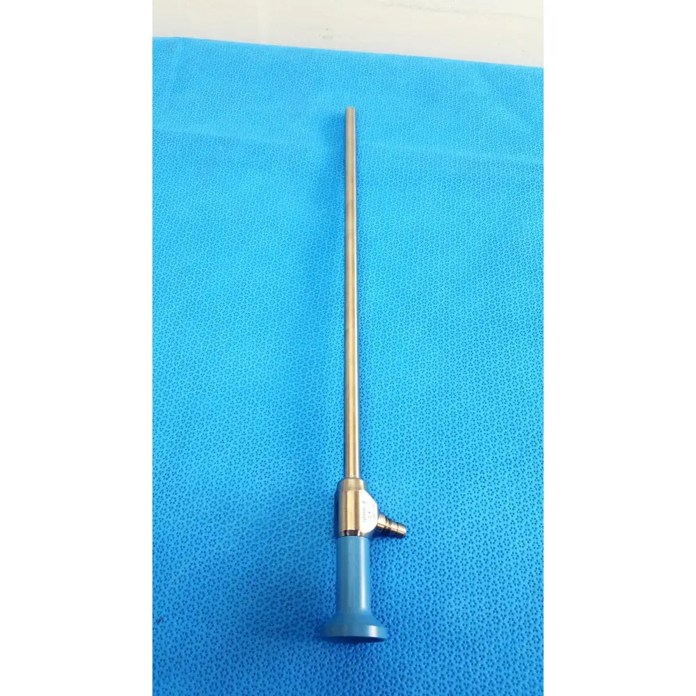 A metallic ideal eyes 10mm autoclavable endoscope with a slender shaft and blue valve handle by stryker