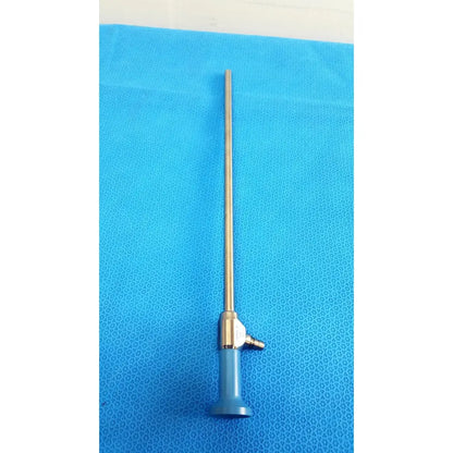 A metallic ideal eyes 10mm autoclavable endoscope with a slender shaft and blue valve handle by stryker