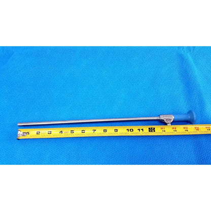 Silver surgical ideal eyes 10mm endoscope with blue ergonomic handle and engraved branding near the joint