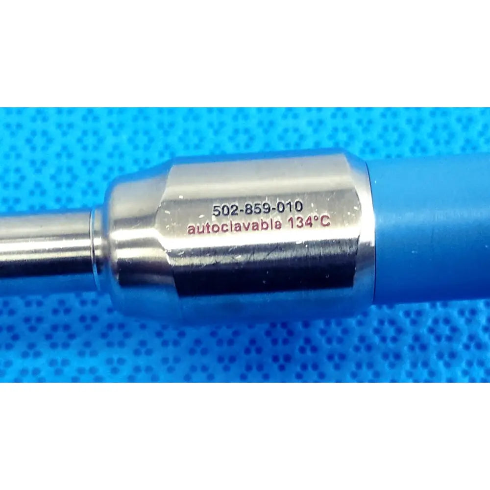 Silver metallic ideal eyes 10mm autoclavable endoscope with blue handle and engraved model number 502-859-010
