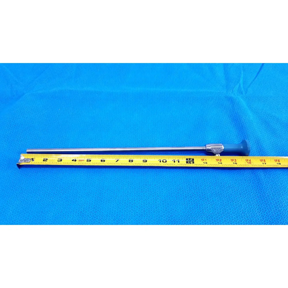 Silver surgical instrument with blue handle and adjustable mechanism part of stryker ideal eyes 10mm autoclavable endoscope