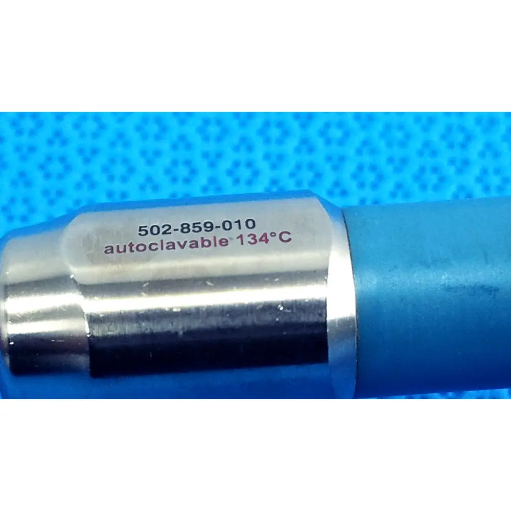 Silver metallic stryker ideal eyes 10mm endoscope with blue protective sleeve and engraved autoclavable markings