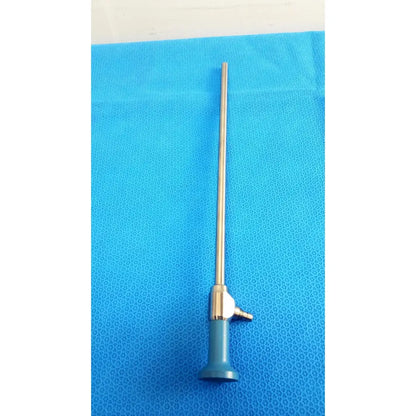 Strykers ideal eyes 10mm autoclavable endoscope with a slender metallic shaft, blue handle, and brass-colored joints