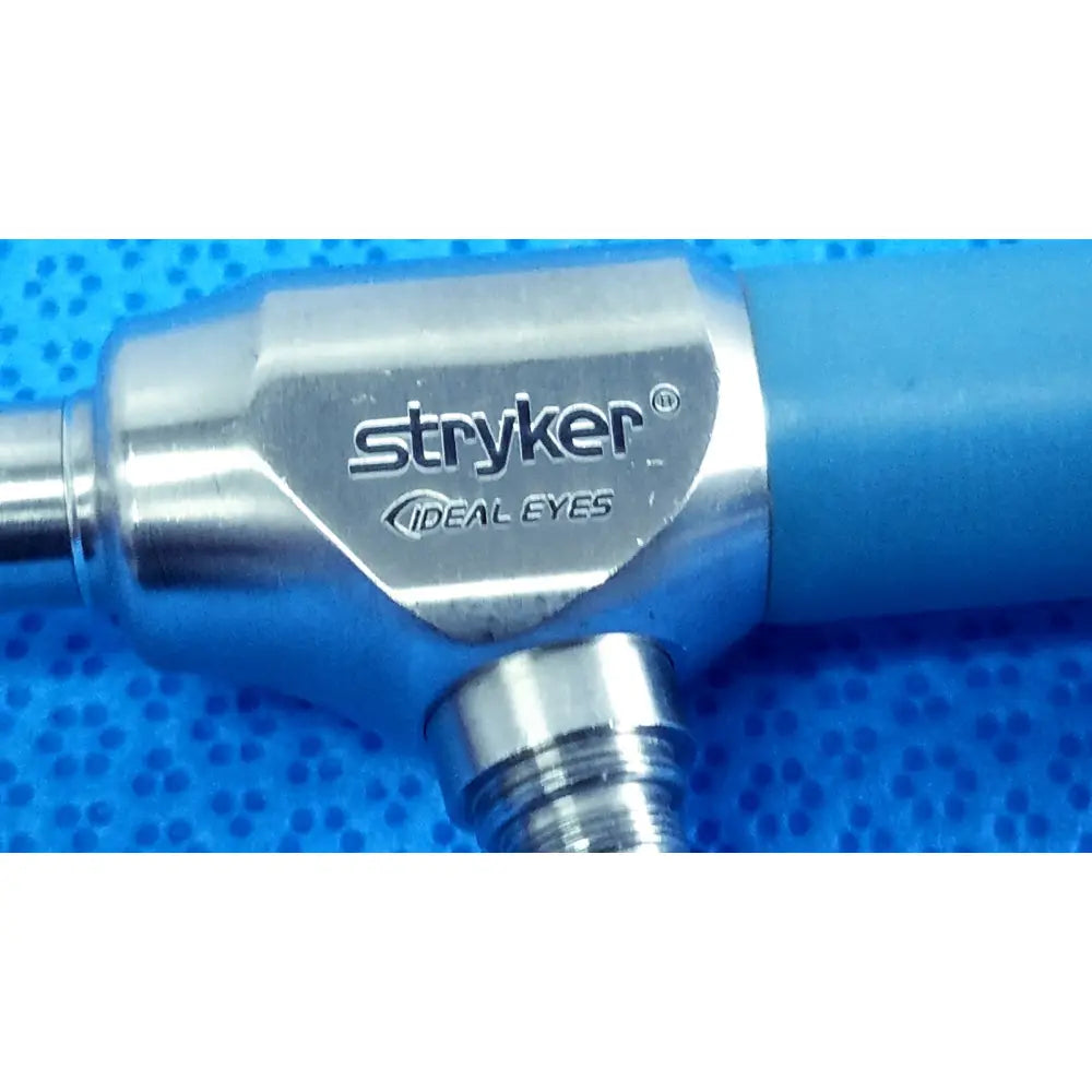 Stryker ideal eyes 10mm 0 degree endoscope with metallic silver body and blue ergonomic grip for surgical use