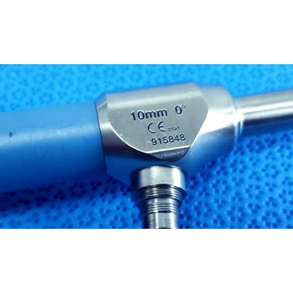 Silver surgical instrument with blue handle and engraved specifications for stryker ideal eyes 10mm autoclavable endoscope
