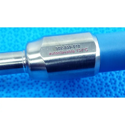 Silver metallic stryker ideal eyes 10mm autoclavable endoscope with blue rubber grip and engraved model number 502-859-010