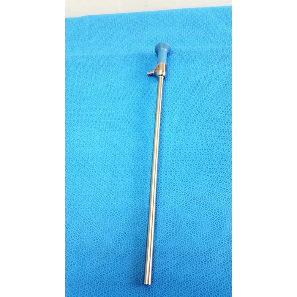 A sleek metallic ideal eyes 10mm surgical endoscope with blue ergonomic handle and stainless steel shaft for precision use