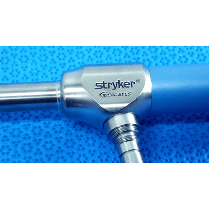 Stryker 502-859-010 ideal eyes 10mm endoscope with metallic silver body and blue ergonomic handle for surgical use