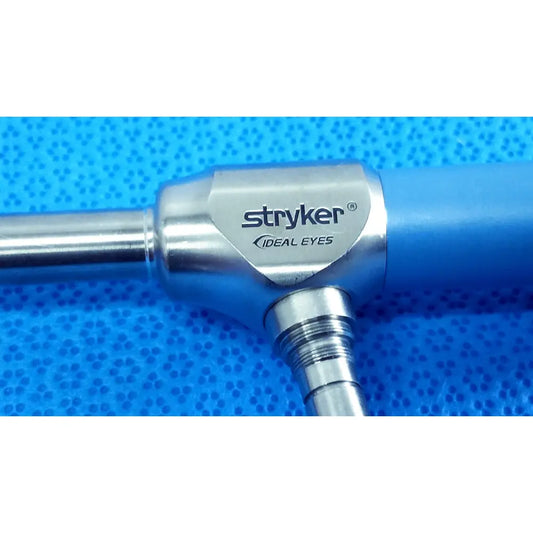 Stryker 502-859-010 ideal eyes 10mm endoscope with metallic silver body and blue ergonomic handle for surgical use