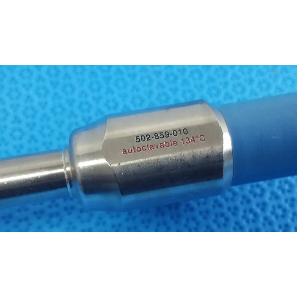 Silver metallic ideal eyes 10mm autoclavable endoscope with blue handle marked 502-859-010 and 134°c temperature rating