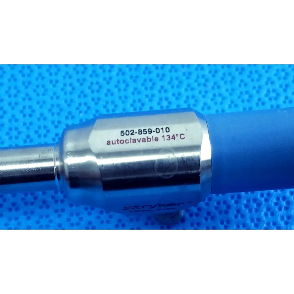 Silver metallic stryker ideal eyes 10mm autoclavable endoscope with blue rubber grip marked 134°c