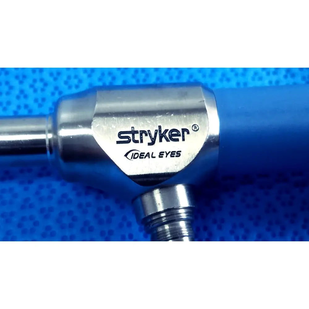 Stryker 502-859-010 ideal eyes 10mm endoscope with metallic silver body and blue handle for surgical use