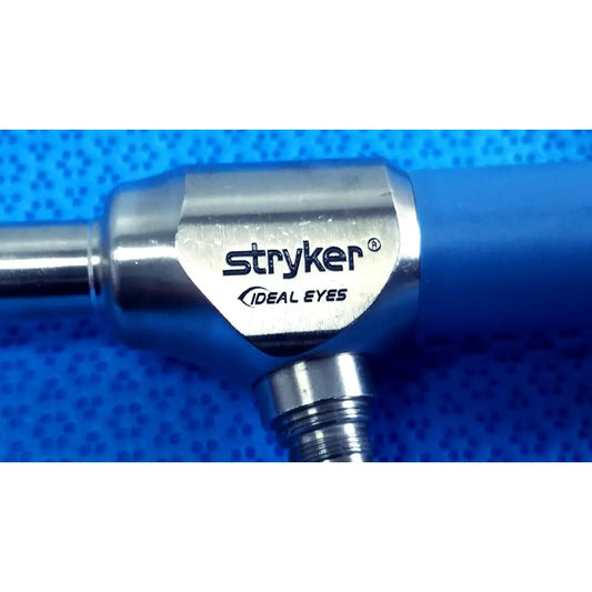 Stryker 502-859-010 ideal eyes 10mm endoscope with metallic silver body and blue handle for surgical use