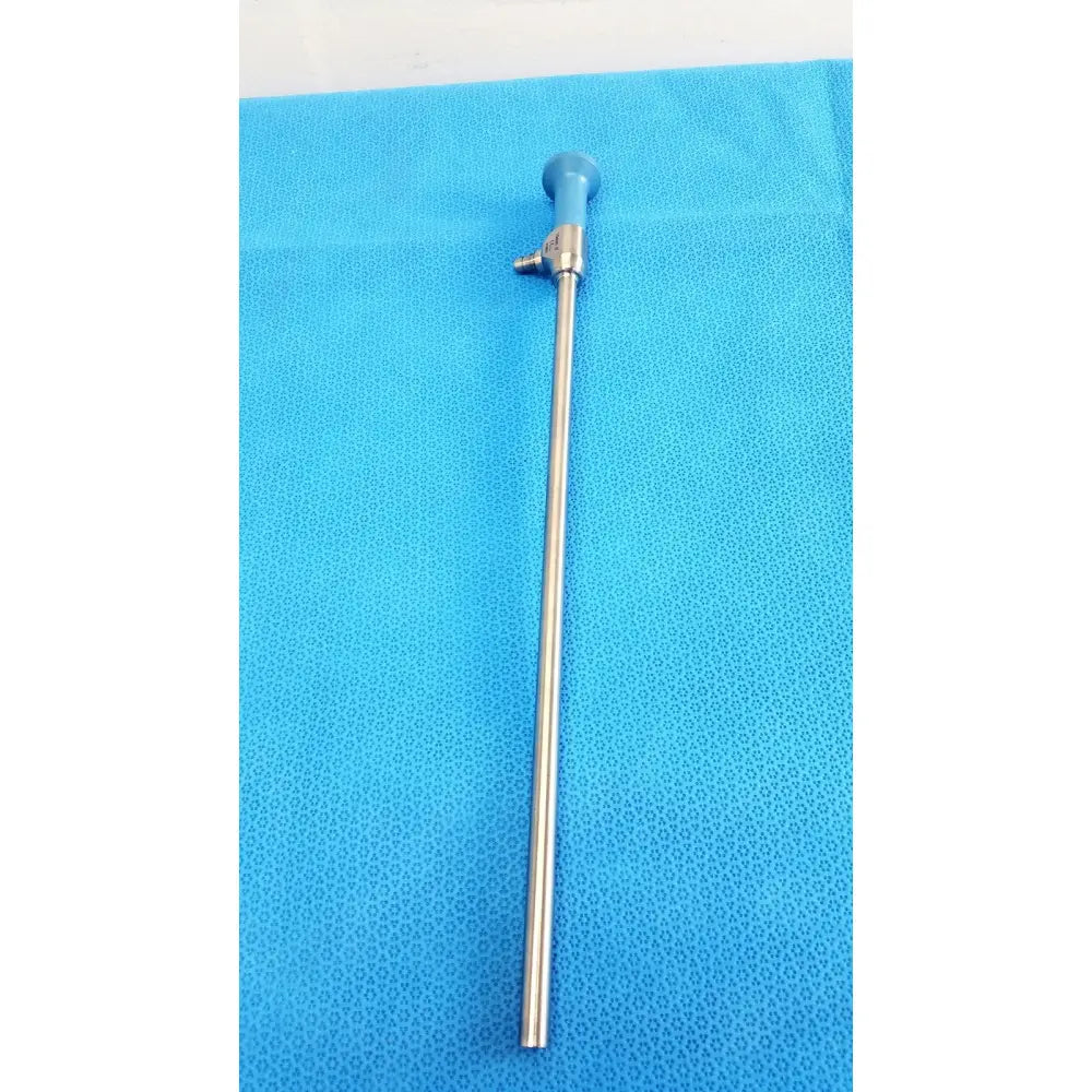 A sleek metallic ideal eyes 10mm surgical endoscope with a blue ergonomic handle and stainless steel shaft