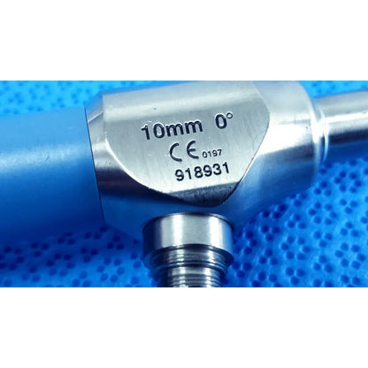 Silver metallic ideal eyes 10mm autoclavable endoscope with blue handle and engraved specifications by stryker