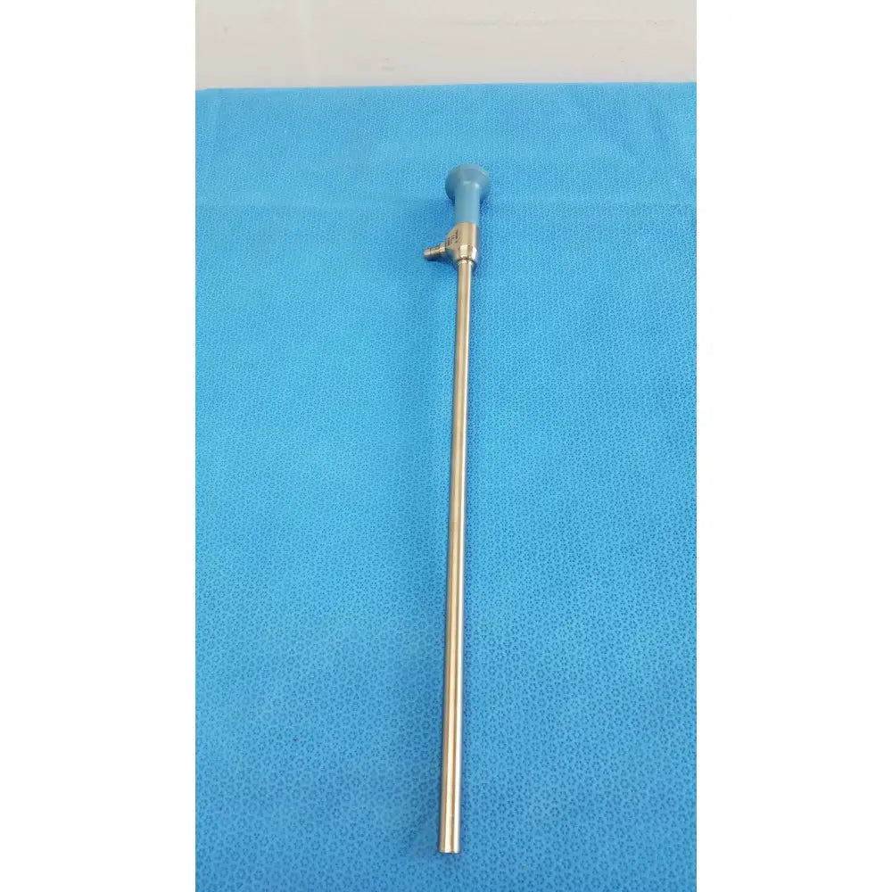A slender metallic ideal eyes 10mm autoclavable endoscope with light blue ergonomic handle and valve mechanism