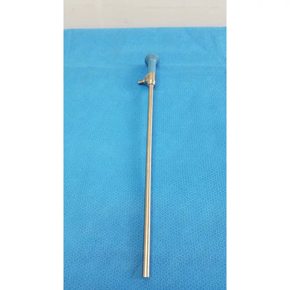 A slender metallic ideal eyes 10mm autoclavable endoscope with light blue ergonomic handle and valve mechanism